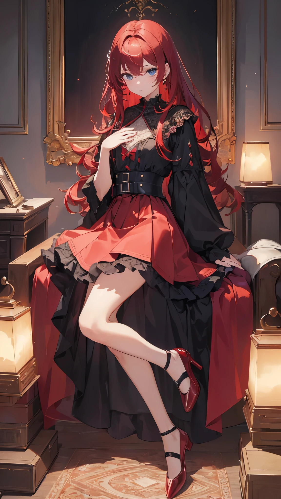 ((masterpiece: 1.4, 最high quality))+,(Super detailed)+, Official Art, unity 8k wallpaper, Super detaileded, beautiful, high quality, beautiful, masterpiece, 最high quality, (Flat Chest), whole body, Character portrait, Red Straight Hair, Red Jewelry, stud, Black flat shoes, Asymmetrical Skirt, Lots of lace