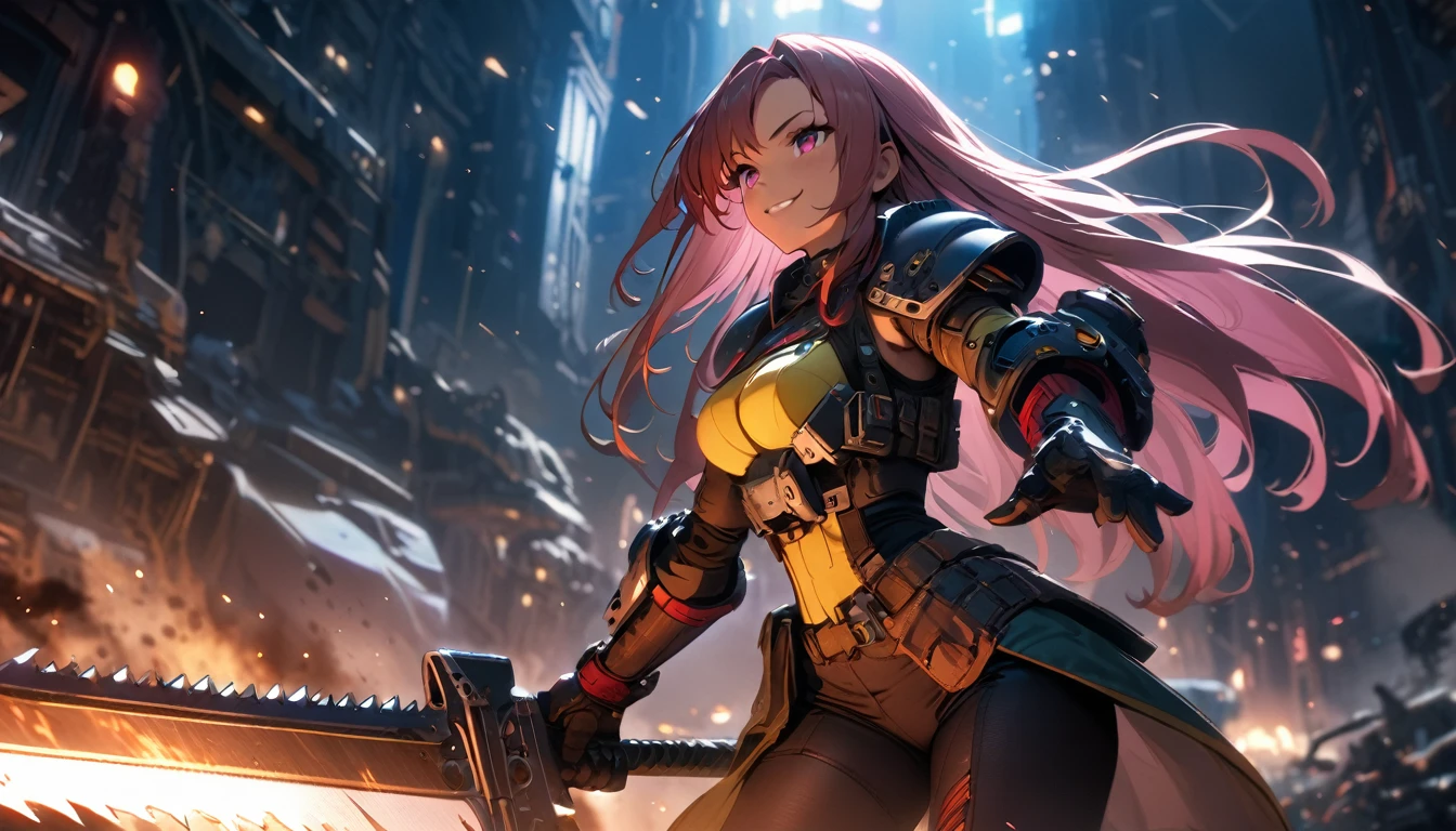 1 girl holding a sword with a chainsaw, warhammer 40k, Sister of Battle, dark skin,Beautiful,Smirk, cyberpunk, cyber armour, mechanical arms, Beautiful lighting, action scene, Dynamic Snapshot, (masterpiece, Best quality,a high resolution, perfect hands), mittens, (holding a sword:1.1), Shineing меч, The Planted Sword, shoulder броня, Leggings, shoulder pads, Shine,、depth of field、natural soft light、professional lighting、about, standing, very long hair, cowboy shot, brilliant, brilliant hair, (night:1.2),Dreamy, [[gentle fingers and hands:0.55]::0.85],(detailed fingers),),(emotional),(breathtaking),(main part:1.2) whole body.), (Anime Style), (Super Detailed), (brutal), (uhd, HDR), (8k), (High Resolution: 1.2), (Complex and Beautiful: 1.2)