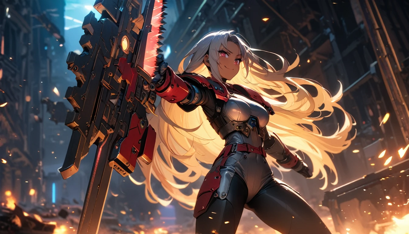 1 girl holding a sword with a chainsaw, warhammer 40k, Sister of Battle, dark skin,Beautiful,Smirk, cyberpunk, cyber armour, mechanical arms, Beautiful lighting, action scene, Dynamic Snapshot, (masterpiece, Best quality,a high resolution, perfect hands), mittens, (holding a sword:1.1), Shineing меч, The Planted Sword, shoulder броня, Leggings, shoulder pads, Shine,、depth of field、natural soft light、professional lighting、about, standing, very long hair, cowboy shot, brilliant, brilliant hair, (night:1.2),Dreamy, [[gentle fingers and hands:0.55]::0.85],(detailed fingers),),(emotional),(breathtaking),(main part:1.2) whole body.), (Anime Style), (Super Detailed), (brutal), (uhd, HDR), (8k), (High Resolution: 1.2), (Complex and Beautiful: 1.2)
