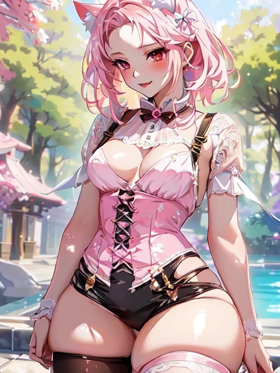 anime girl with pink hair and cat ears posing in front of a swimming pool, seductive anime girl, beautiful seductive anime woman, a sexy maid in a magical forest, 极其详细的Artgerm, non-style artwork by guweiz, beautiful and seductive anime , anime fantasy illustration, High quality 8k detailed artwork, attractive anime girl, Cute anime girl