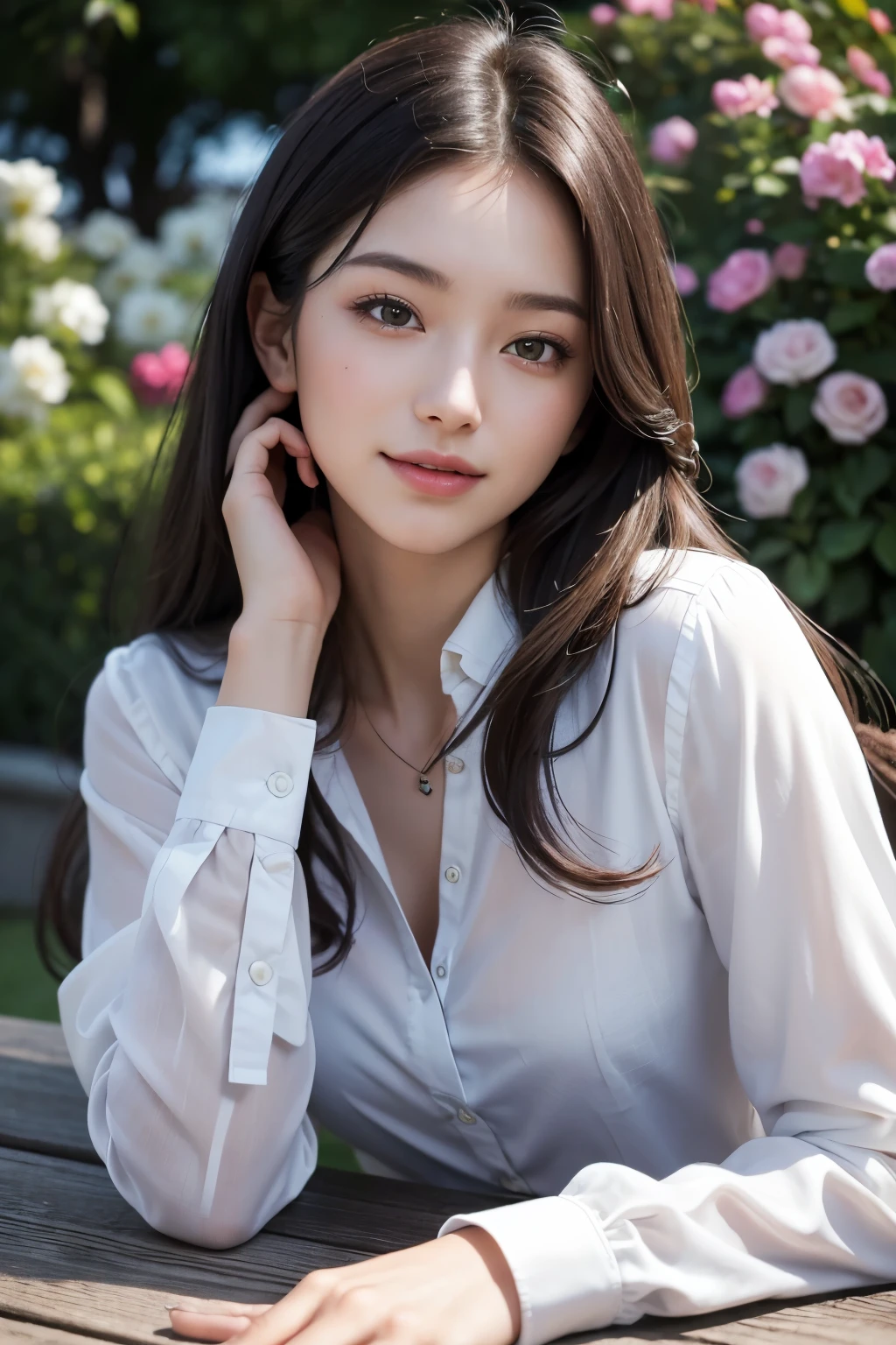 masterpiece,Digital SLR photography,Analog Style,Nikon D5,Actual photo,20 year old beautiful woman photo,Dramatic lighting (85mm),Blooming garden in the background,(Detailed facial features),(Fine and shiny eyes),Dynamic Angle,Michelangelo Style,Long Hair,White button-up shirt,smile:1.4,