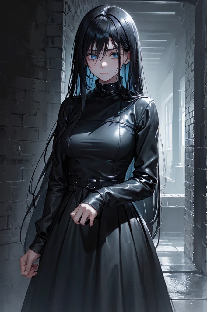(dark black theme:1.5), (dark emotional:1.5), (sickness, expressionless:1.5), low saturation, dark contrast, soft focus, solo, (light blue long hair:1.5), (glowing light blue eyes), sharp eyes, medium breasts, perfect body, (long shot:1.2), sstanding, long shot,
BREAK (dull, dark fashion:1.3), leather clothes,
BREAK hard shading, dark shading, goth, (mist:1.5),
BREAK dark rainy town, (midnight:1.5), against the wall, scenery,