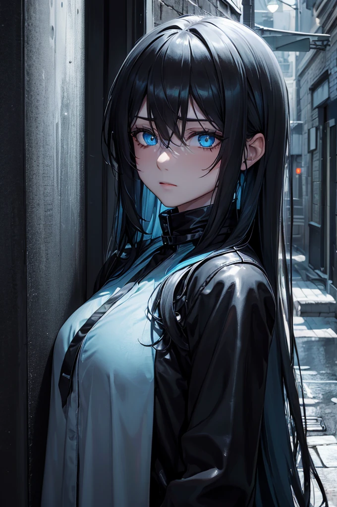 (dark black theme:1.5), (dark emotional:1.5), (sickness, expressionless:1.5), low saturation, dark contrast, soft focus, solo, (light blue long hair:1.5), (glowing light blue eyes), sharp eyes, medium breasts, perfect body, (long shot:1.2), sstanding, long shot,
BREAK (dull, dark fashion:1.3), leather clothes,
BREAK hard shading, dark shading, goth, (mist:1.5),
BREAK dark rainy town, (midnight:1.5), against the wall, scenery,
