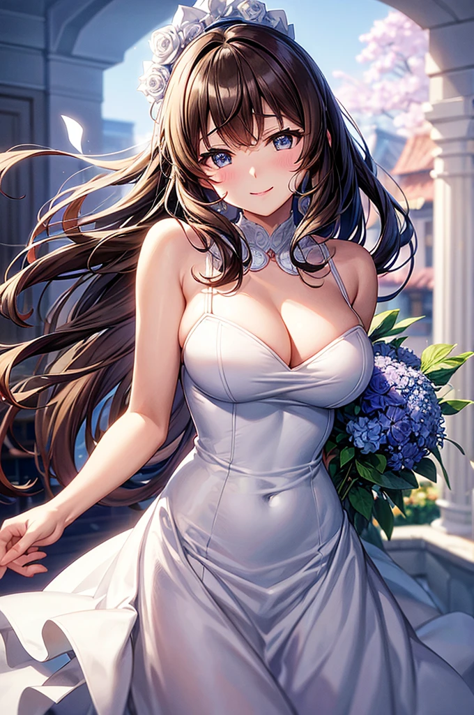 mayu kuroe,sound of euphonium,blue eyes,white chinadress with slit,flower garden,smile,embarassed