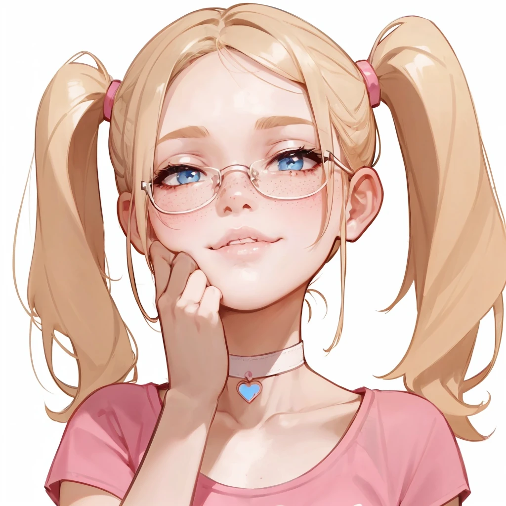 score_9,score_8_up,score_7_up,score_6_up,score_5_up,score_4_up, 1girl, pretty girl, blonde hair, in twintails, cute nose. biting lip, seductive, white choker, pink lips, freckles,