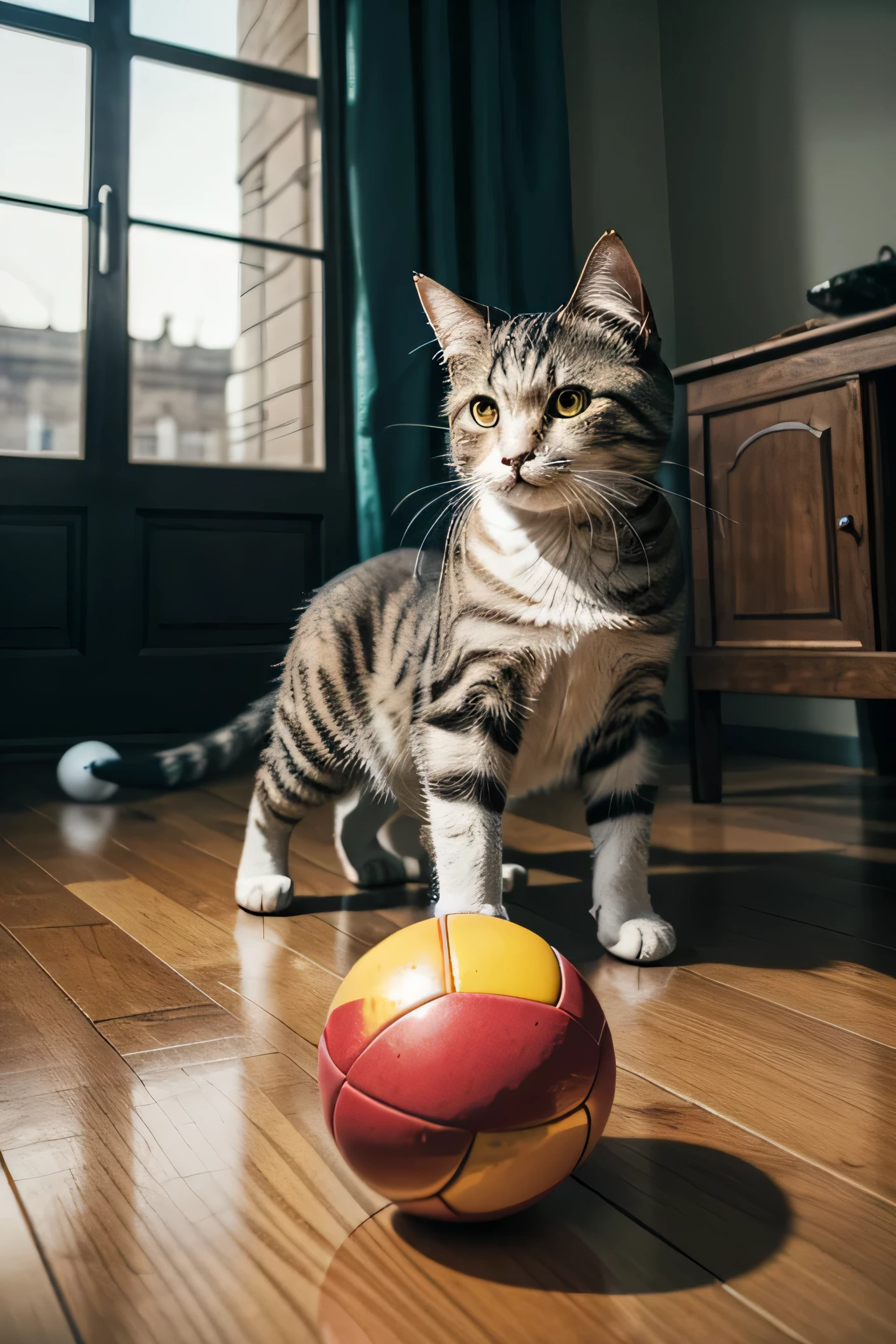 a cat playing with a ball, Surrealism, best quality