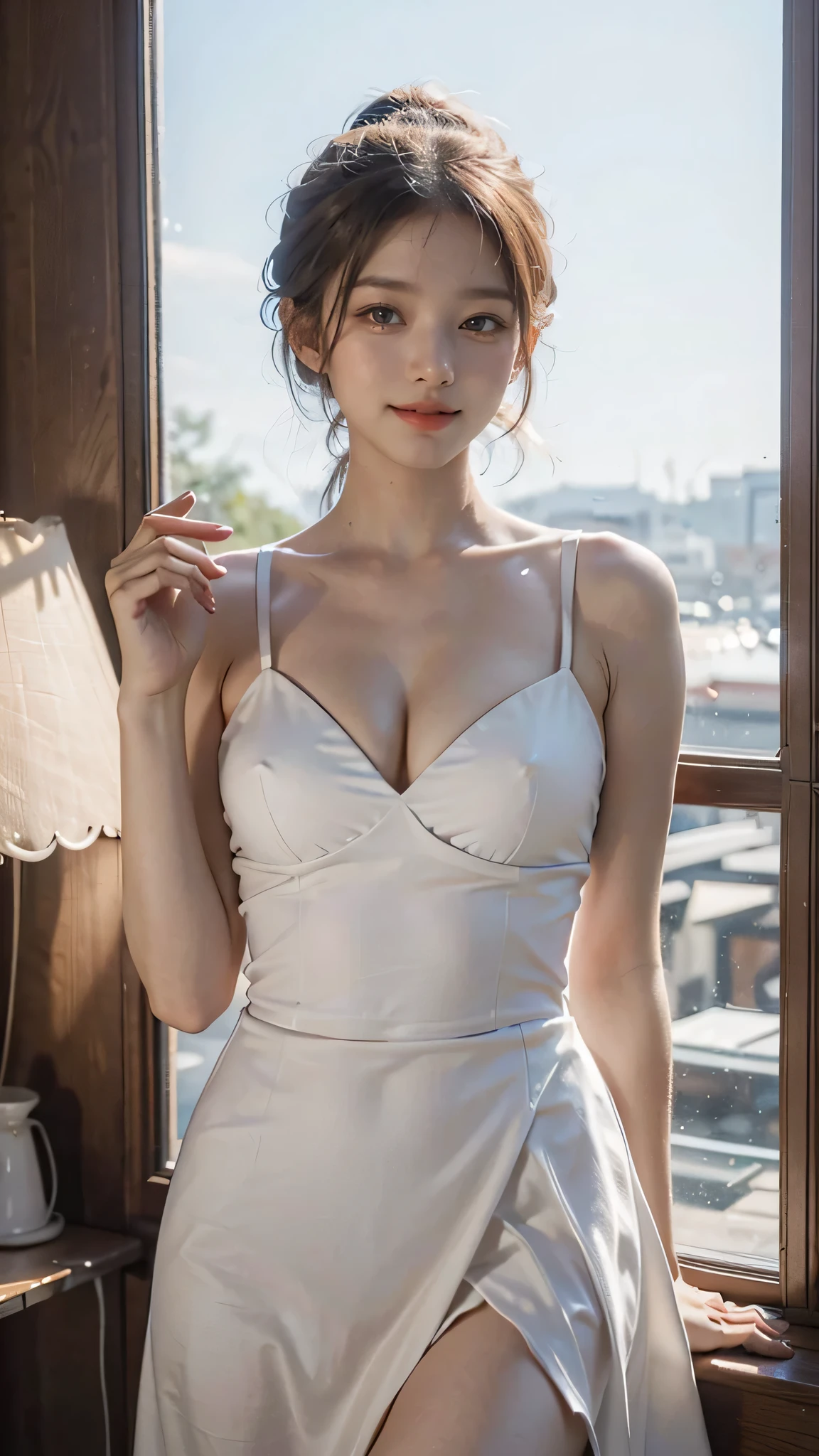 ((Best picture quality, 8k, tmasterpiece:1.3)), 1 girl like. Furina Beautiful woman with slender abs:1.3, (white blue hairstyle like a furina in genshin impact, curently breasts:1.1), V-neck dress:1.1, Silk dress,Ultra-fine face, A detailed eye, double eyelid,cute smile,Home,adolable,parted lip,japanaese girl,a baby face