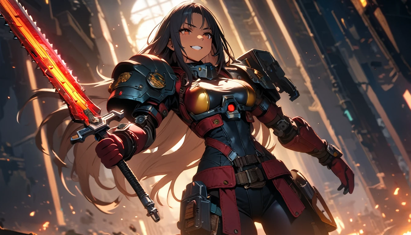 1 girl holding a sword with a chainsaw, warhammer 40k, Sister of Battle, dark skin,Beautiful,Smirk, cyberpunk, cyber armour, mechanical arms, Beautiful lighting, action scene, Dynamic Snapshot, (masterpiece, Best quality,a high resolution, perfect hands), mittens, (holding a sword:1.1), Shineing меч, The Planted Sword, shoulder броня, Leggings, shoulder pads, Shine,、depth of field、natural soft light、professional lighting、about, standing, very long hair, cowboy shot, brilliant, brilliant hair, (night:1.2),Dreamy, [[gentle fingers and hands:0.55]::0.85],(detailed fingers),),(emotional),(breathtaking),(main part:1.2) whole body.), (Anime Style), (Super Detailed), (brutal), (uhd, HDR), (8k), (High Resolution: 1.2), (Complex and Beautiful: 1.2)