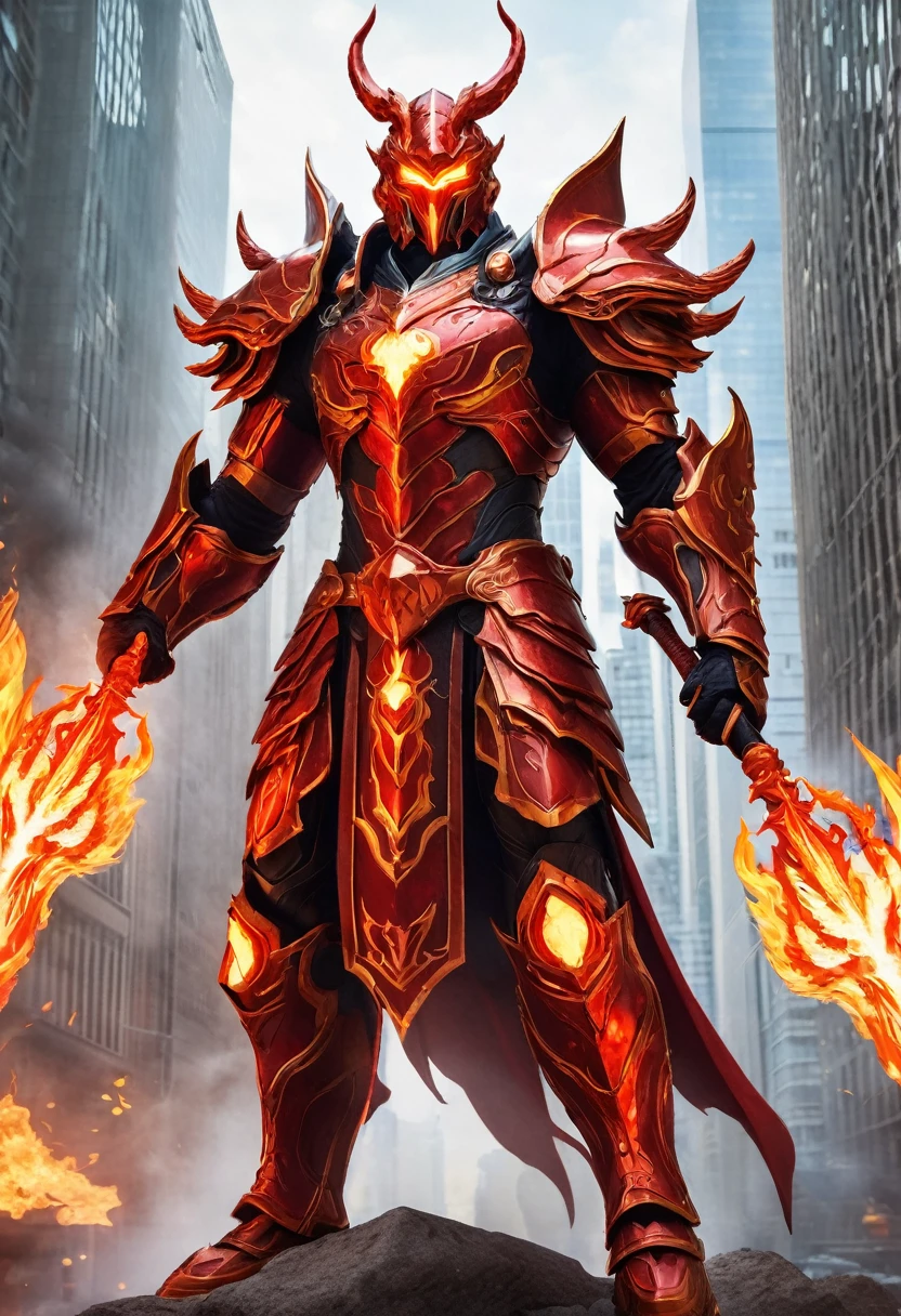 In a burning metropolis, a majestic fire guardian watches over the city. Clad in flaming red armor and holding a staff of energy, he embodies both divine power and advanced technology.