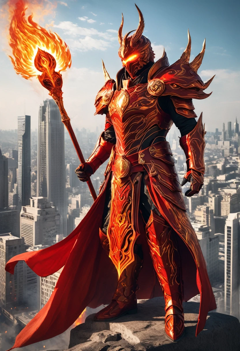 In a burning metropolis, a majestic fire guardian watches over the city. Clad in flaming red armor and holding a staff of energy, he embodies both divine power and advanced technology.