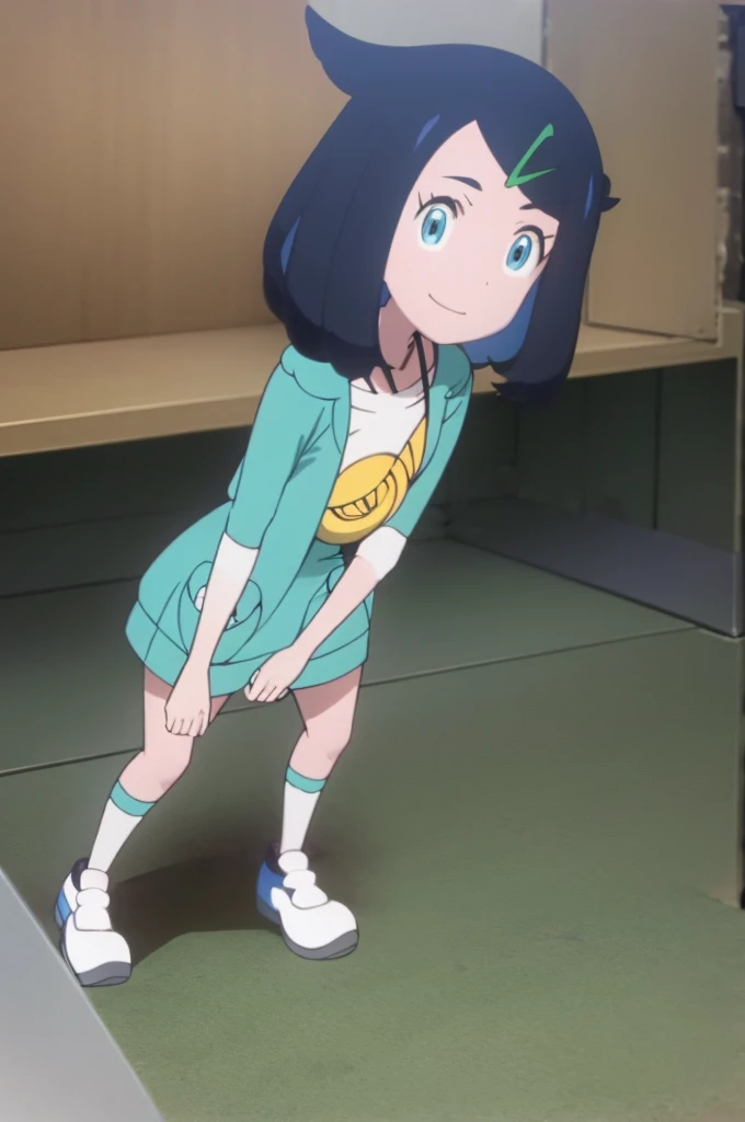 liko, blue hair, blue eyes, 1girl, shorts, looking at veiewers, topless, tits, bellybotton, white backgrownd, smiling, mouth open, HDR, Best quality, green clip, nipples, socks, shose, full body,