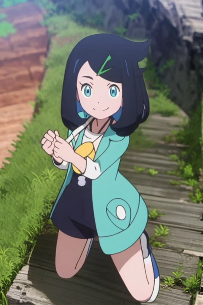liko, blue hair, blue eyes, 1girl, shorts, looking at veiewers, topless, tits, bellybotton, white backgrownd, smiling, mouth open, HDR, Best quality, green clip, nipples, socks, shose, full body,