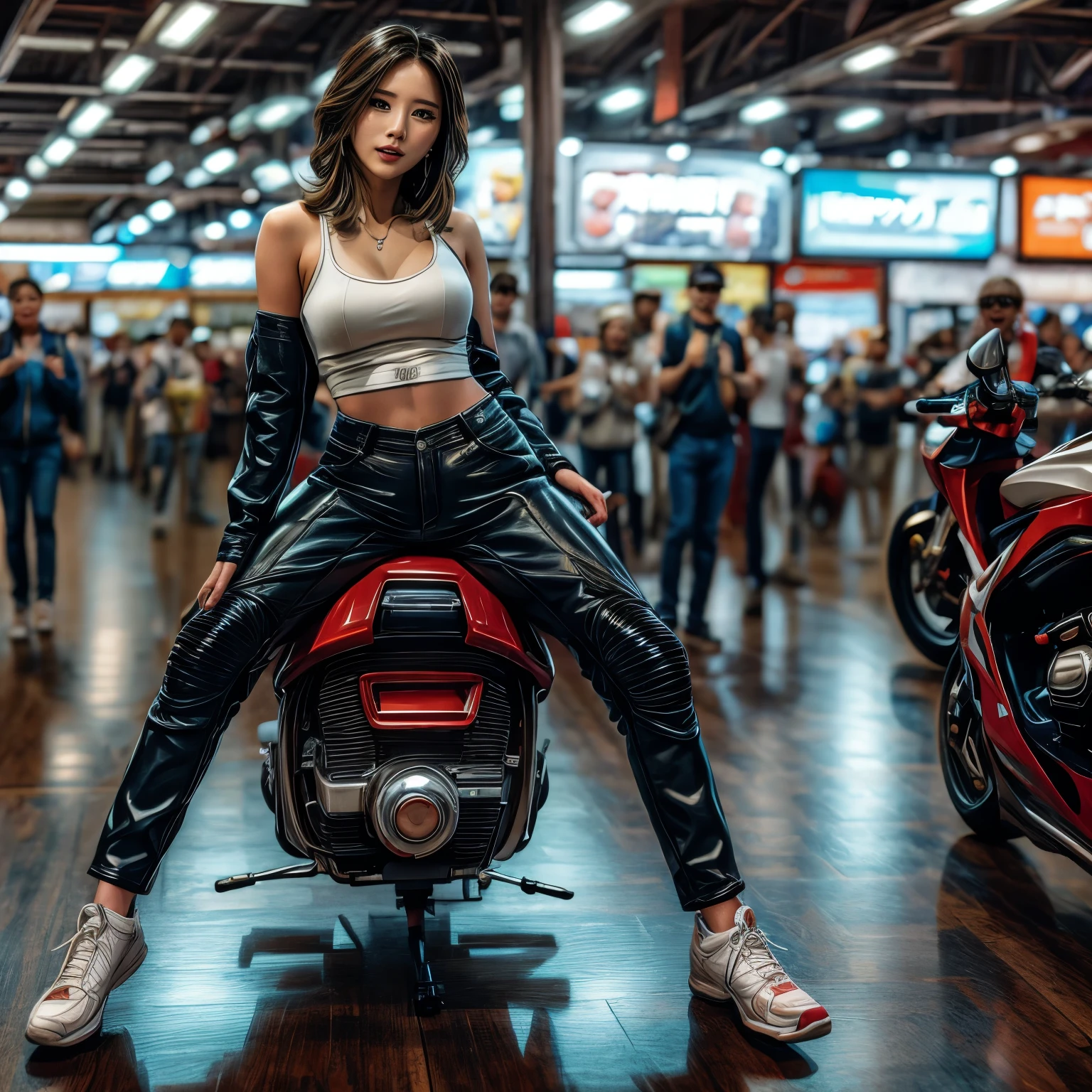 (ExtremelyDetailed((Song Joo A))) clearly visible the shape of , Radiant Ivory Skin with Transparency, motor cycle event girls in sexystume, Detailed Clothing texture, Full of (motor cycle) . (Full body shot:1.2),Ultra-detailed,grand scale,epic,zoomed out,wide angle. (ExtremelyDetailed Beautiful face) Dynamic Joyful Expressions LifeLike Rendering. (Exposed:0.59) PerfectLighting (TopQuality 8K(masterpiece(ProfessionalPhoto:1.37)))