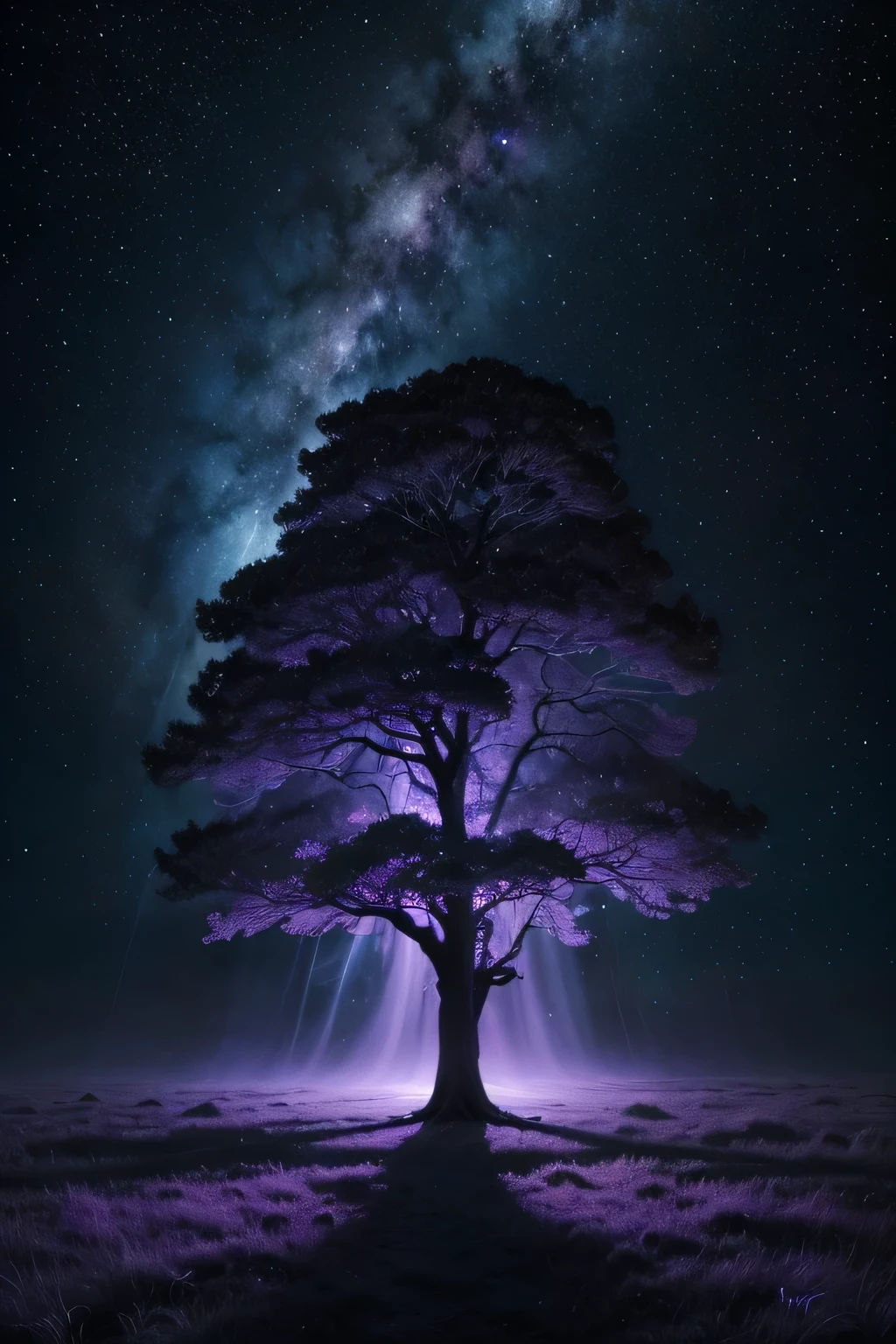 Subject: horror An enormous Eldritch Tree with branches that generate galaxies and a trunk that sustains the Chaos Universe. The tree glows with vibrant purples, blues, and golds, its bark covered with glowing orbs and ancient symbols. Environment/Background: A cosmic expanse filled with swirling nebulae, intricate cosmic designs, and floating celestial bodies. The scene exudes an aura of ancient, mystical power, highlighting the tree's crucial role in the cosmos. Image Type: Cosmic fantasy scene Art Styles: Fantasy, cosmic, eldritch, detailed, majestic Camera/Shot: Wide shot, emphasizing the tree's grand and mystical presence Lighting: Ethereal, cosmic lighting with vibrant highlights and deep shadows Render-related: High resolution with intricate textures and a detailed cosmic background