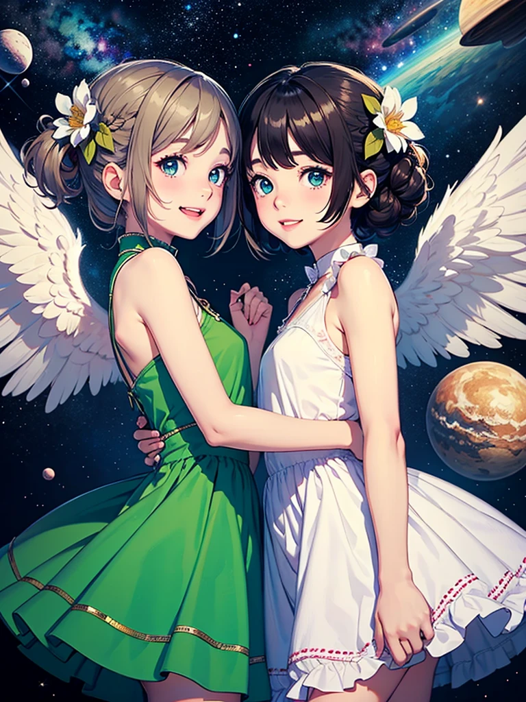 Highest quality, Pastel drawing, Friendly atmosphere, Twin girl angels, cute, White Wings, Laughing happily, Brown short hair in various colors, Blue-eyed person, Green-eyed person, Dresses in different colors, Flower Hair Ornaments, Upper Body, Looking at the audience, space, meteor, Light,