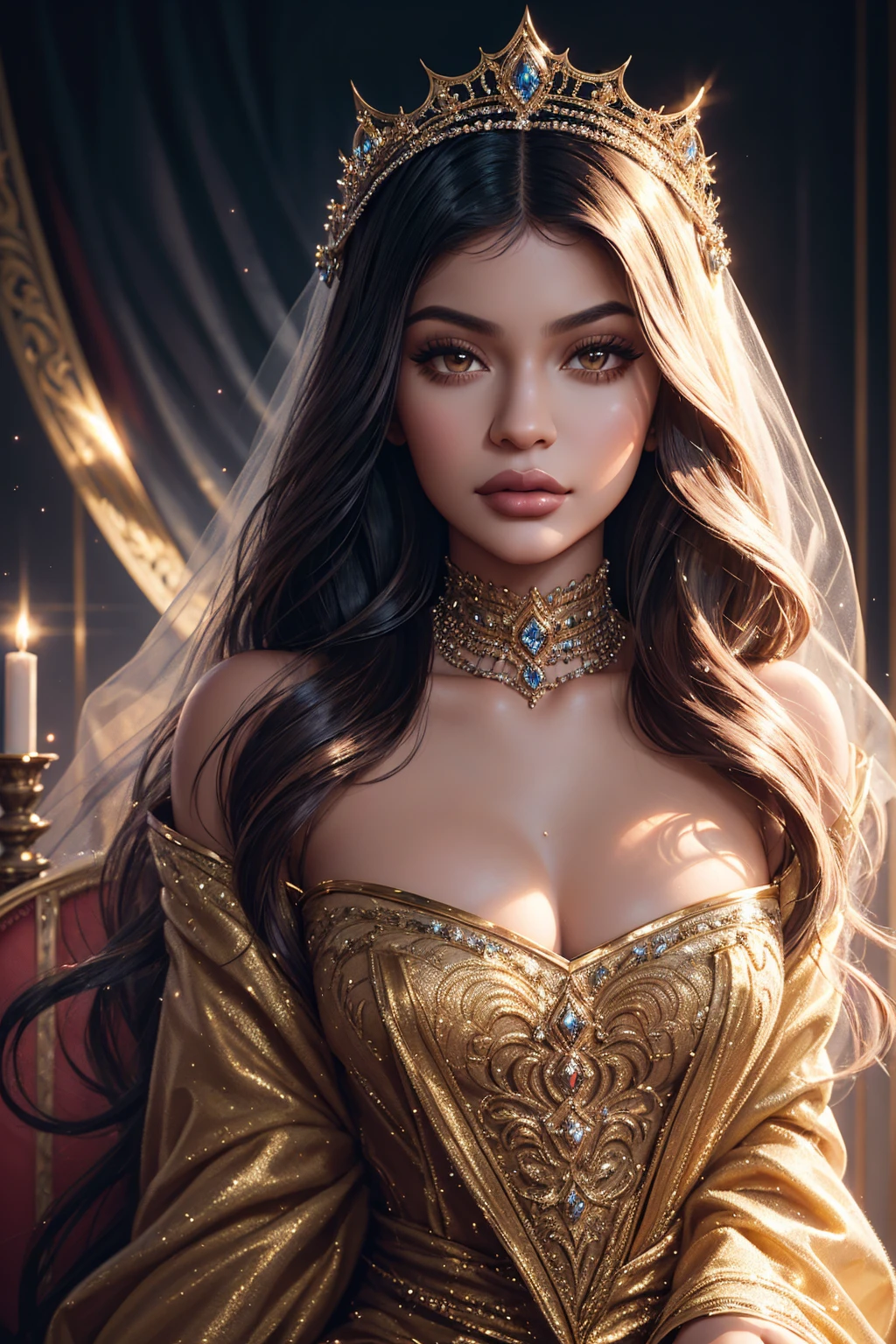 portrait Kylie Jenner, wearing princess tiara veil costume, against the background of the throne, character portrait, 3 9 9 0 s, long hair, intricate, elegant, highly detailed, digital painting, artstation, concept art, smooth, sharp focus, illustration, art by wlop, charlie bowater and alexandra fomina, 36k, glittering, shining
