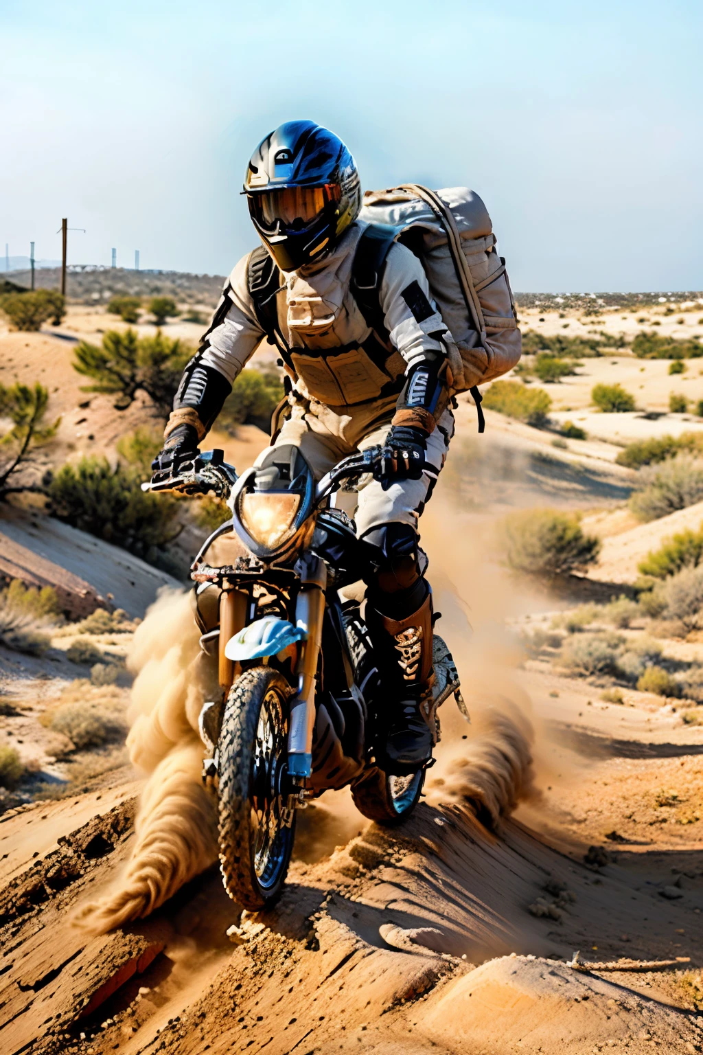 You are a graphic designer. Create an image of a suit to withstand wind and dust, with gloves and helmet