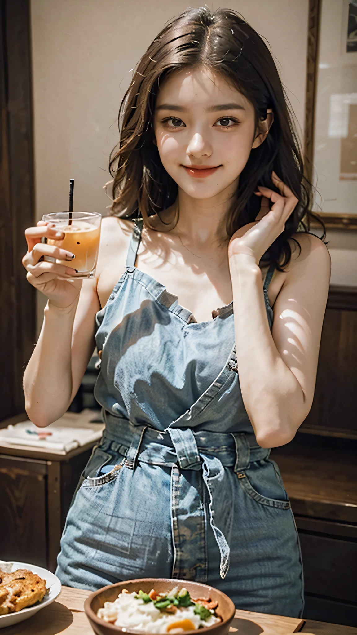 Superb, stunning, ultra high image quality, realistic, girl, (beautiful face 1.4), (big, constricted waist), long hair, indoors, bokeh, beautiful light, shiny skin, small head, smile, dinner party, holding a cup