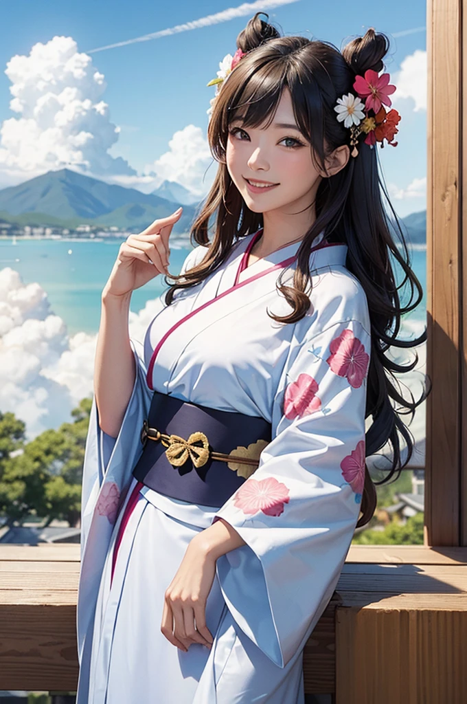 A beautiful woman in a kimono greets the morning with a smile against the backdrop of summer cumulonimbus clouds