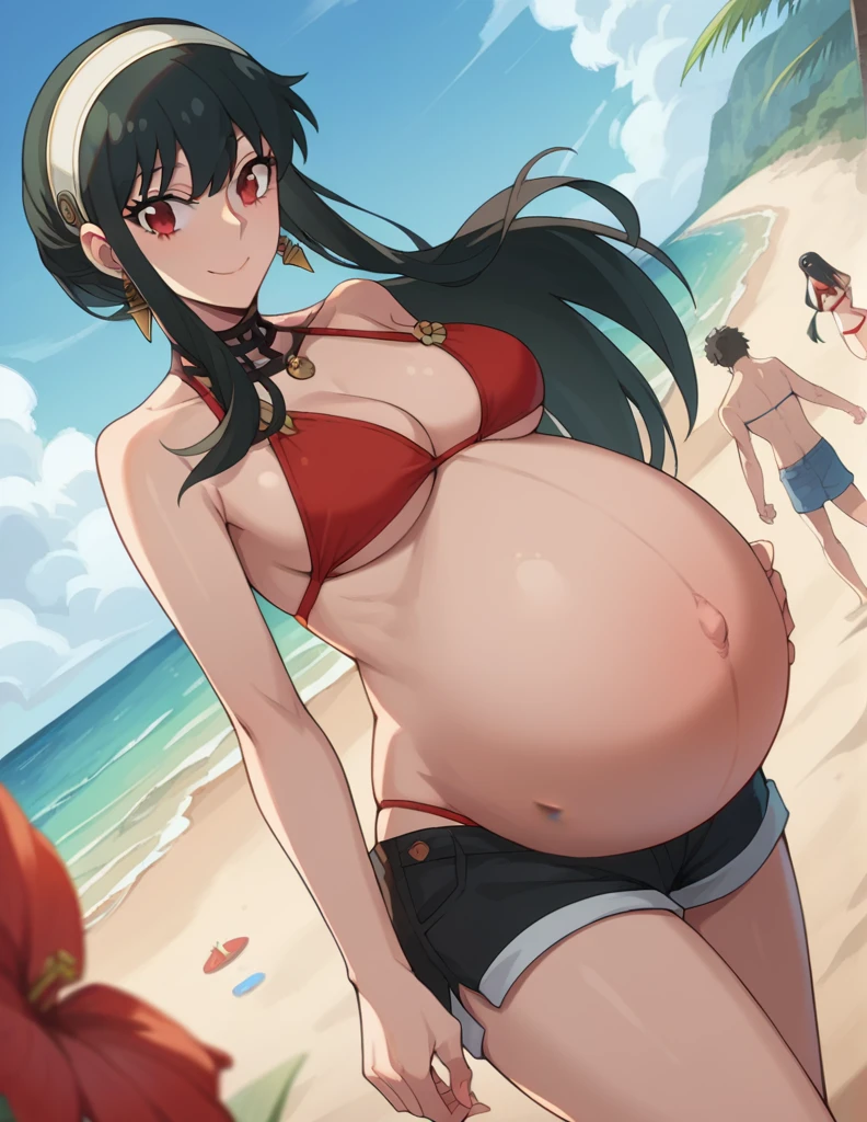 score_9, score_8_up, score_7_up, source_anime,
yorbriar, yor briar, black hair, red eyes, earrings, white hairband, hairband, long hair, sidelocks,
bare shoulders, bikini, shorts, thighs,
Beach, smile,
looking at viewer, dutch angle, cowboy shot, pregnant, huge belly