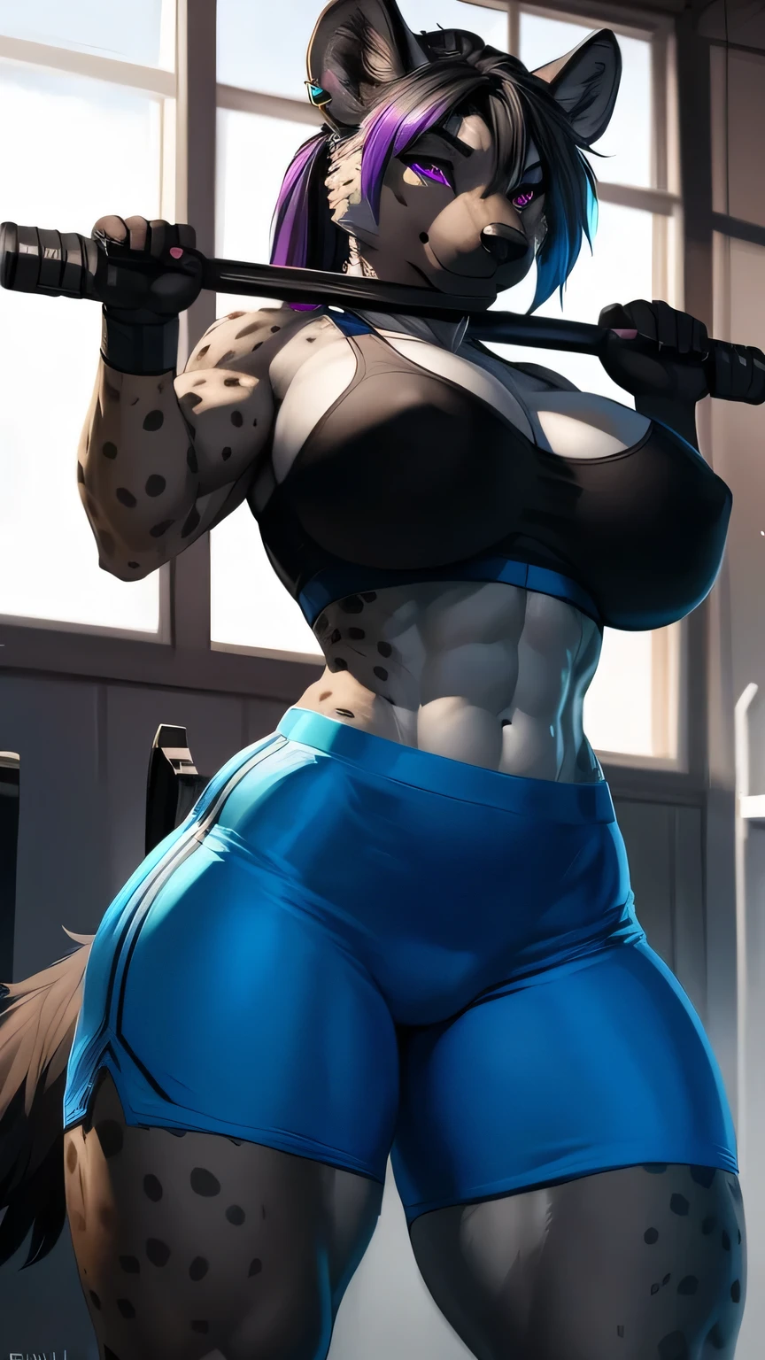 (anthro)) hyena, Ross Tran, by ruan jia, by zaush, by foxovh, by cutesexyrobutts, by cervina_7, by sligarthetiger, Best Quality, masterpiece,, Illustration, Wallpaper,1girl in, Solo, black hair,ponytail hair, hair black with highlights blue, dot piercings 3 in 2 row down her snoot, purple/pink eyes, Beautiful detailed girl, extremely detailed eye and face, black dragon tattoo on her arm, Beautiful detailed eyes, natural_Lighting, Looking at Viewer, Thick_thighs, big ass, tall, hourglass figure, fit body, muscles, sweaty body, female, cute, wearing gym cloths, in gym, bench pressing, weigh lifting, view from top to bottom , large breasts, natural breasts, tail, tall, happy expresion, wide hips thin waist, 8k