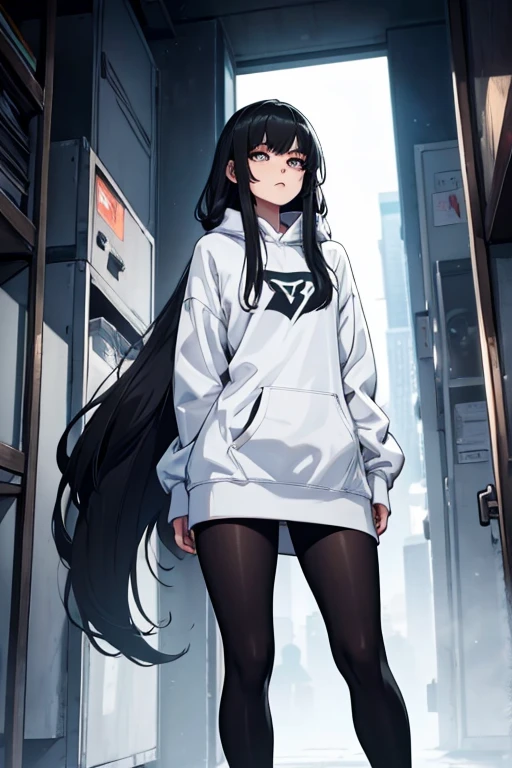 Age 22, White skin girl, , Bblack hair, extremely long hair, , sweatshirt clothes, futuristic armor, feminine, short preto, black tights, women's black tennis shoes, Bblack hair, hair between the eyes, Bblack hair, cloused mouth, range, cabelo bagunçado Bblack hair cabelo extremamente longos olhos cinzas