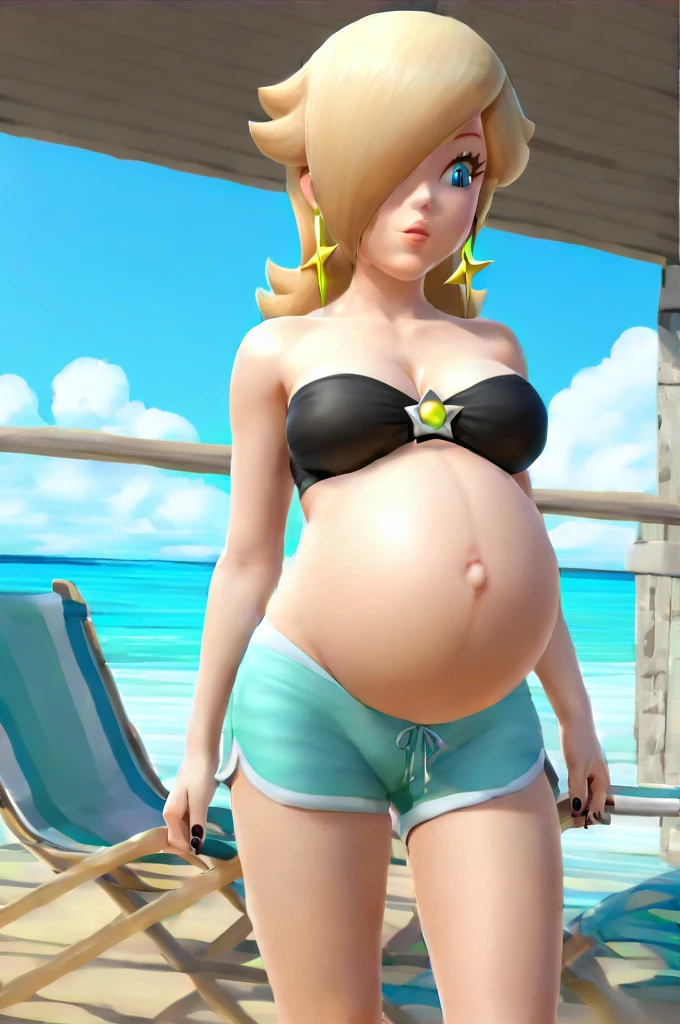 score_9, score_8_up, 1girl, solo, rosalina, style parody, thick outlines, black bikini, shorts, pregnant belly, sleeveless, strapless, cleavage, indoors, beach, black nails, complete body, perfect