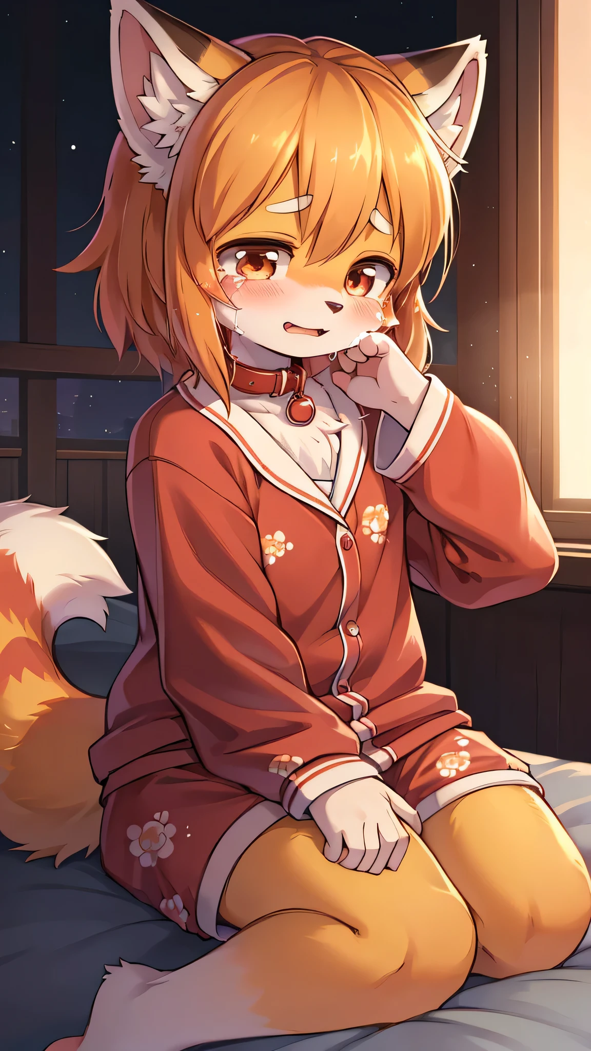 Red Panda Boy,super high quality,Very detailed,High resolution,Cute art style in anime,(Cheerful teenager,13 years old:1.3),alone,single,tears,cry,the last time,sorry,A lot of tears from the eyes,bed,Pajama outfit,night,Put a red collar around your neck,