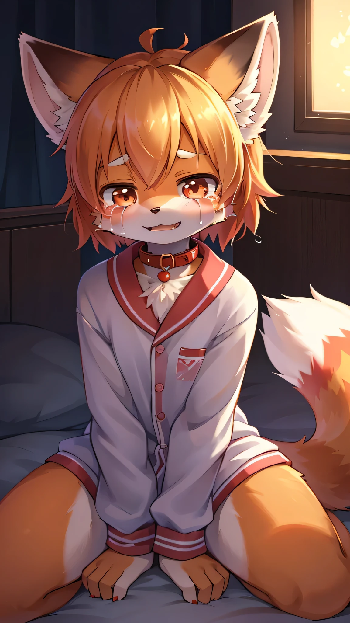 Red Panda Boy,super high quality,Very detailed,High resolution,Cute art style in anime,(Cheerful teenager,13 years old:1.3),alone,single,tears,cry,the last time,sorry,A lot of tears from the eyes,bed,Pajama outfit,night,Put a red collar around your neck,