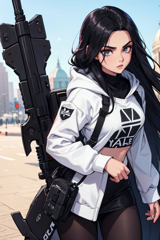 Age 22, White skin girl, , Bblack hair, extremely long hair, , sweatshirt clothes, futuristic armor, feminine, short preto, black tights, women's black tennis shoes, Bblack hair, hair between the eyes, Bblack hair, cloused mouth, range, cabelo bagunçado Bblack hair cabelo extremamente longos olhos cinzas