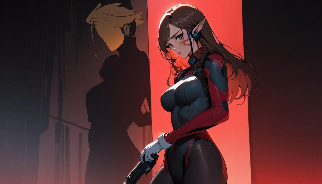 Noble Elf, Blue eyes, 1Girl, (d.e (overwatch):0.8), alone, Long hair, Whisker markings, Tight suit, Brown hair, Face Marks, mitts, breasts, brown eyes, pilot suit, Cowboy-shot, earphone, white gloves, mittlere breasts, curved bangs, skintight, Animal print, bangs, Hasen-druck, Ribbed one-piece tights, Face painting, Pink lips, lean against the wall, holding pistol, serious look, questionable, caring, Investigation procedure, dunkle Gasse, natta, natta sky, red light, (Silhouette, hard light:1.2), Nordic style, high quality, beautiful picture, masterclass!