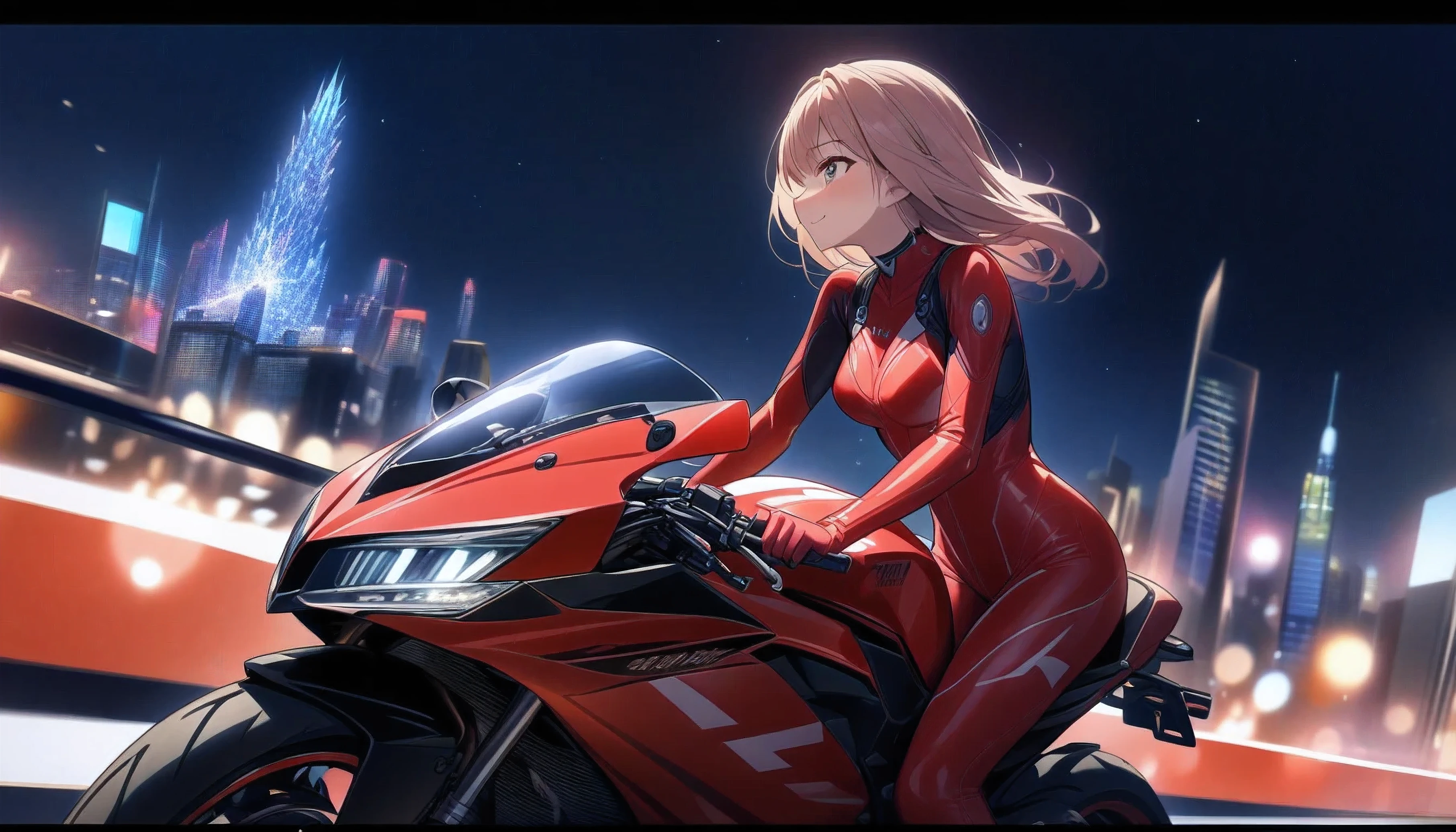 Girl riding a big red sports bike、Rider Boots、Rider Suit、Asian、Future City、Night view、Light、Crystal brilliance, Shots from afar, Backward view, Night view, A shy smile, Bokeh effect and depth of field, 