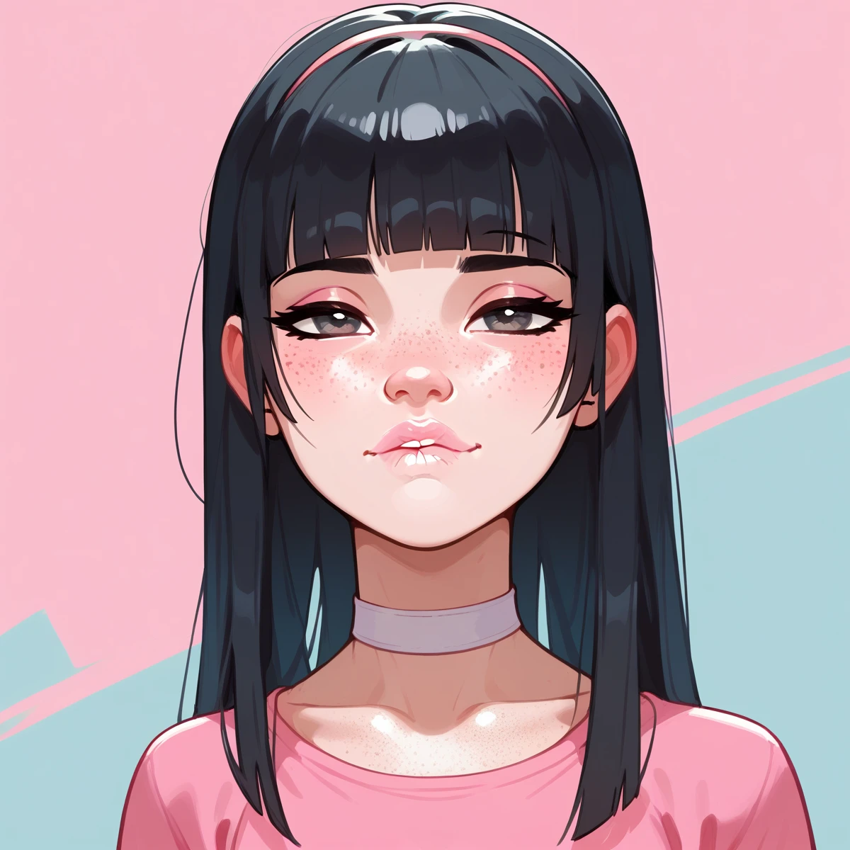 score_9,score_8_up,score_7_up,score_6_up,score_5_up,score_4_up,
1girl, pop art, pretty girl, black hair, hime cut, cute nose. biting lip, seductive, white choker, pink lips, freckles,
 