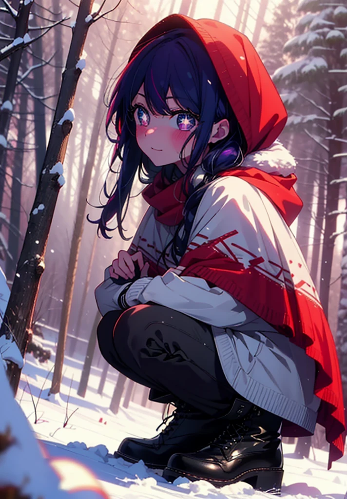 aihoshino, Ai Hoshino, Long Hair, bangs, (Purple eyes:1.1), Purple Hair, (Symbol-shaped pupil:1.5), smile,,smile,blush,white breath,
Open your mouth,snow,Ground bonfire, Outdoor, boots, snowing, From the side, wood, suitcase, Cape, Blurred, , forest, White handbag, nature,  Squat, Mouth closed, Cape, winter, Written boundary depth, Black shoes, red Cape break looking at viewer, Upper Body, whole body, break Outdoor, forest, nature, break (masterpiece:1.2), Highest quality, High resolution, unity 8k wallpaper, (shape:0.8), (Beautiful and beautiful eyes:1.6), Highly detailed face, Perfect lighting, Extremely detailed CG, (Perfect hands, Perfect ???????),