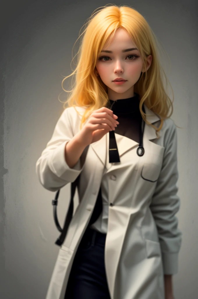 create me a scientist who has a device in her hand, with dark background, blonde hair with scientist outfit