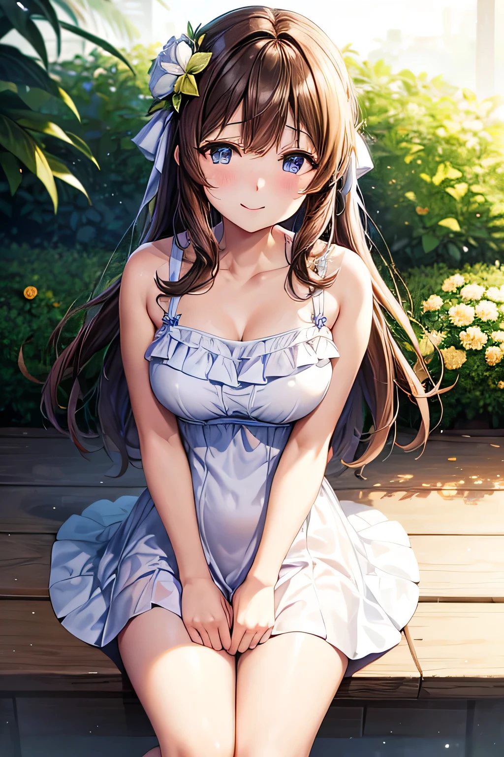 mayu kuroe,sound of euphonium,blue eyes,white swimwear,flower garden,smile,embarassed