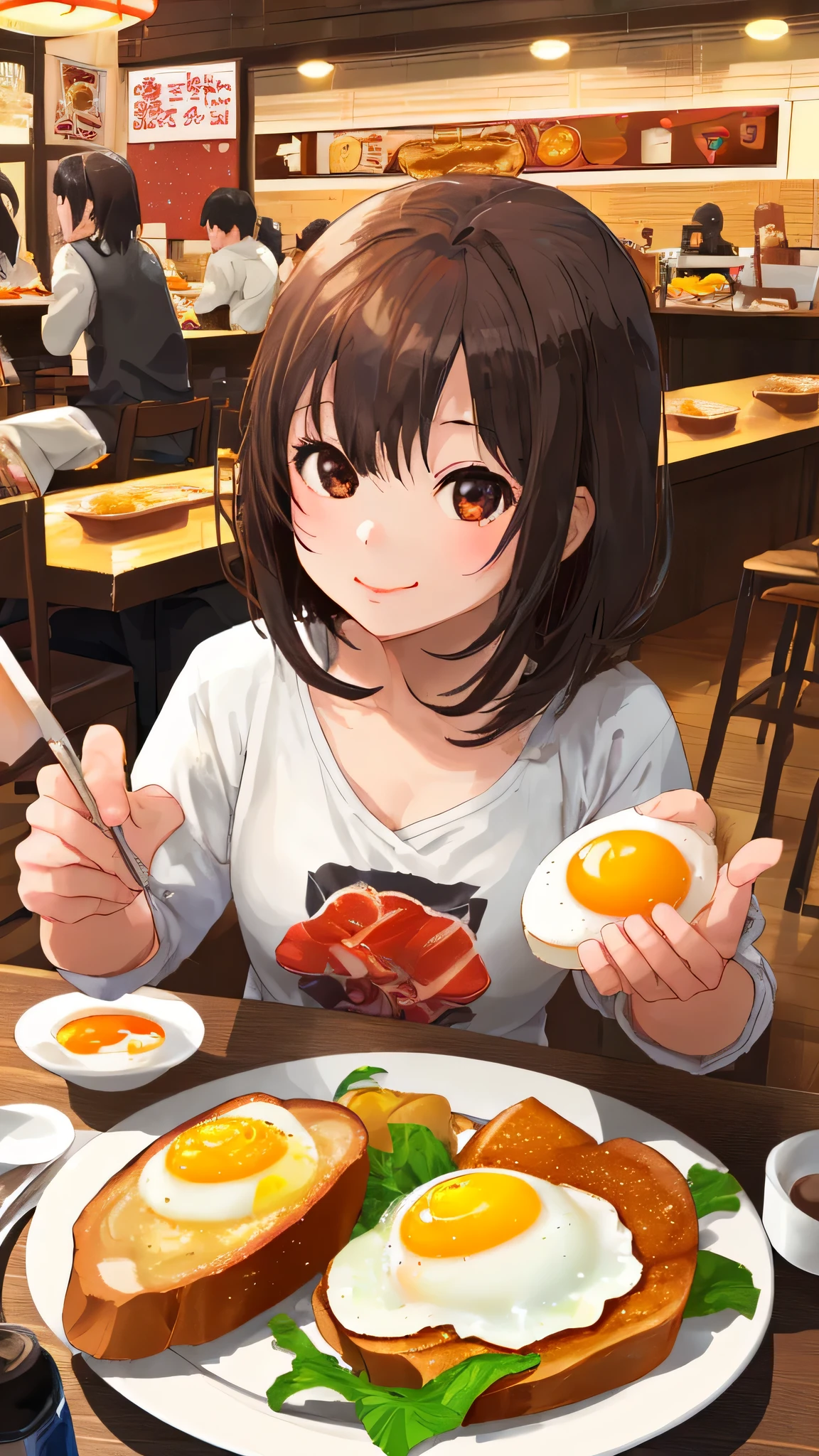 Girl、breakfast、Asahi、table、Sunny Side Egg、bread、