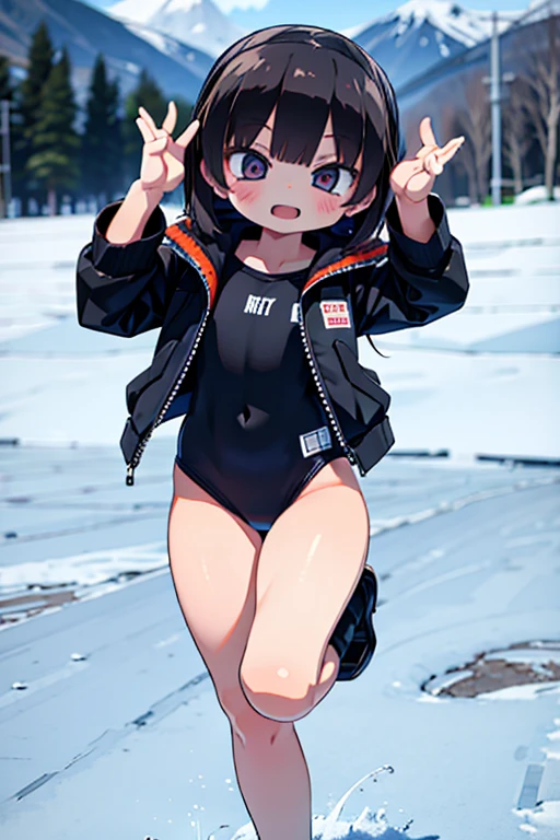 girl jumping into snow field、Laughter、Wearing a black high-cut swimsuit、It's snowing、sleeping face down on the snow floor