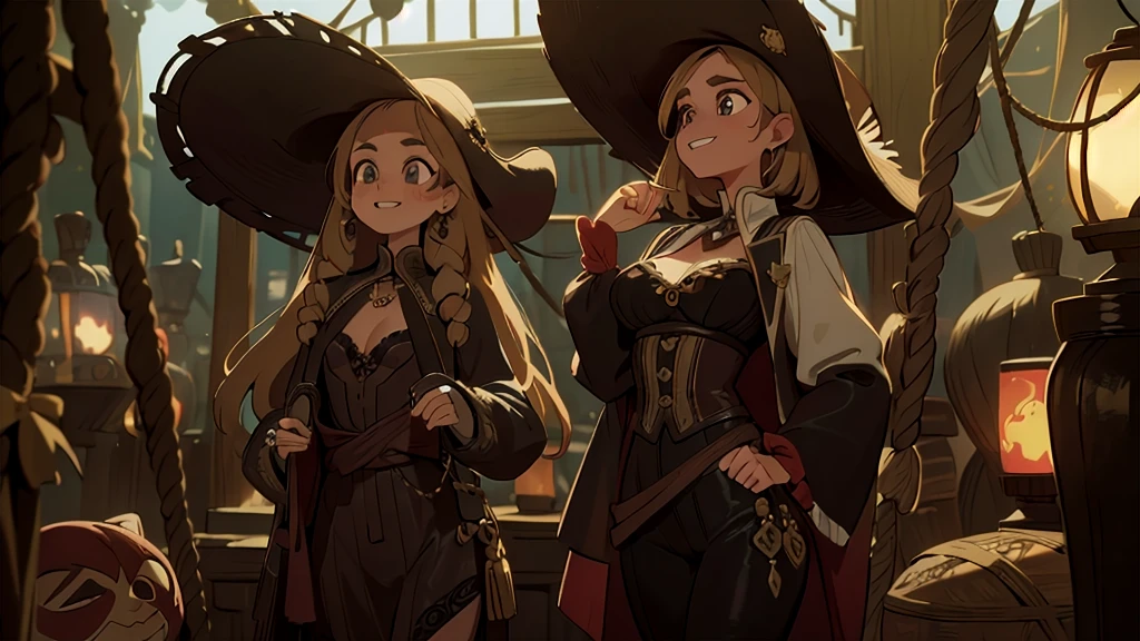 (Best quality, masterpiece:1.2), very detailed, HDR, 20 years, One (pirates of the carribean, Pirate Costume, Rich decorations, Jewelry), (gloomy atmosphere, big hat), I look at the viewer, (Beautiful, detailed eyes, Beautiful, detailed mouth, extremely detailed eyes and face, long eyelashes), (slim, rounded, hourglass) body, (Beautiful, detailed chest, slim breasts, firm breasts), (slim, toned) legs, very sexy, (Cheeky smile, insidious), nsfv