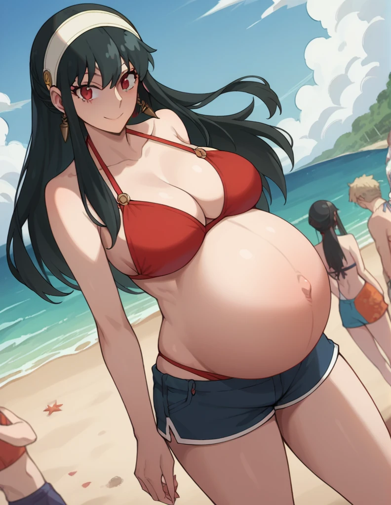 score_9, score_8_up, score_7_up, source_anime,
yorbriar, yor briar, black hair, red eyes, earrings, white hairband, hairband, long hair, sidelocks,
bare shoulders, bikini, shorts, thighs,
Beach, smile,
looking at viewer, dutch angle, cowboy shot, pregnant, huge belly