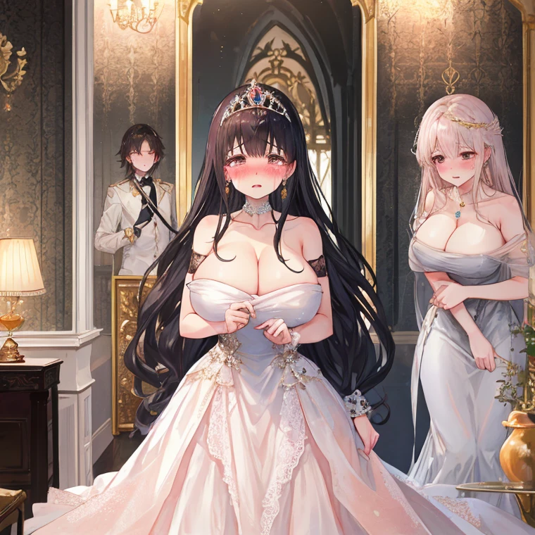 (Many big girls equal to threesome),Gorgeous young princess,Forbidden,clavicle,Prominent and smooth underbreast area,Breath-out,Very transparent,(evening dress),Gemstones,Intricate details,Beautifully,Lace,Charm,Detailed modern living room background,endure,Tears,(blush:1.2),