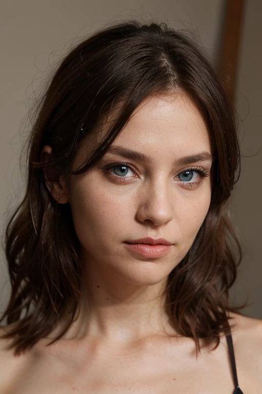 Brown straight hair, blue eyes, striking look, elegant, thirty five years old, female 
