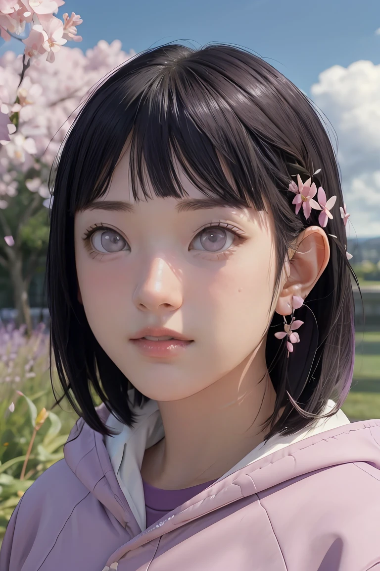 masterpiece, absurdres, hinata\(boruto\), 1girl, solo,mature female, purple hoodie,layered sleeves, brown pants, outdoors,lavender flower field, looking at viewer, (falling petals), cloudy sky, perfect composition, detailed lips, big breast, beautiful face, body propotion, blush, (pink lips), long hair, purple eyes, soft gaze, sad smile, super realistic, detailed, photoshoot, realistic face and body, realistic hair, realistic eyes, realistic nose, realistic lips