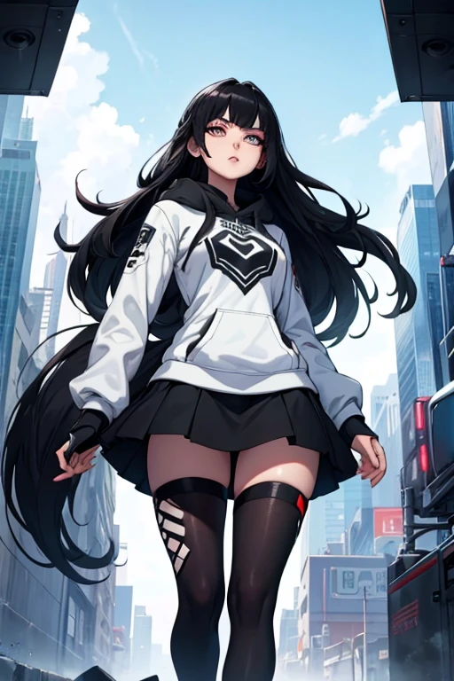 Age 22, White skin girl, , Bblack hair, extremely long hair, , sweatshirt clothes, futuristic armor, feminine, short preto, black tights, women&#39;s black tennis shoes, Bblack hair, hair between the eyes, Bblack hair, cloused mouth, range, cabelo bagunçado Bblack hair cabelo extremamente longos olhos cinzas