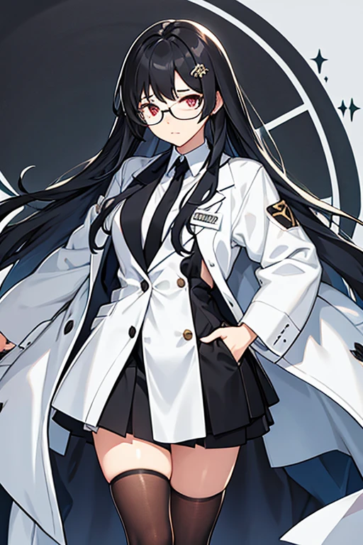 women, long black hair, glasses, white lab coat, black shirt, black skirt, Psychologist