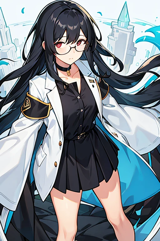 women, long black hair, glasses, white lab coat, black shirt, black skirt, Psychologist