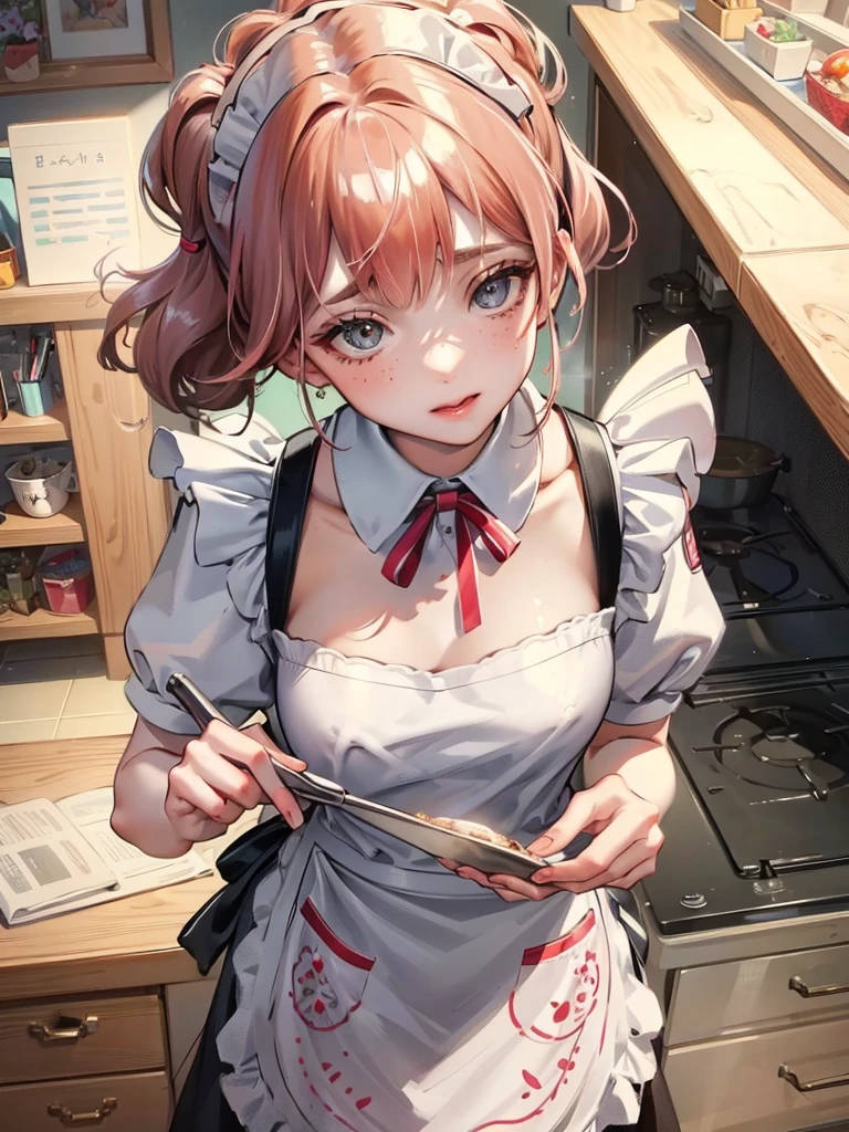 a close-up portrait of a playful maid, cut hair, naturals, apron, amazing body, pronounced feminine feature, kitchen, [ashy blonde | Red-Haired | pink  hair], freckles, flirting with the camera