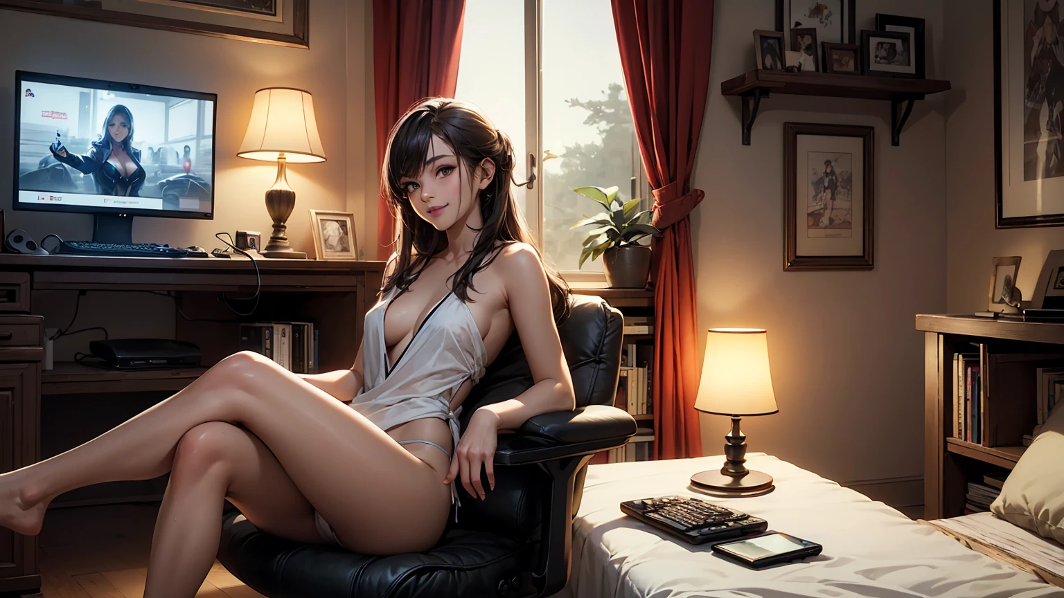 Create a quality, detailed image of a beautiful anime girl with long, loose hair and intricate details. She is sitting in a gaming chair in her cozy gaming room., smiling. She is naked and wearing sexy panties, highlighting her stunning curves. warm, attractive scene includes soft ambient lighting, Comfortable seating, and luxurious bed linen, with a room, lit by a small, Glowing lamp. There are posters in the playroom, High-end PC setup with RGB lighting, and various gaming accessories. The overall atmosphere is calm and intimate., with bright colors and natural light, creating a photorealistic effect.