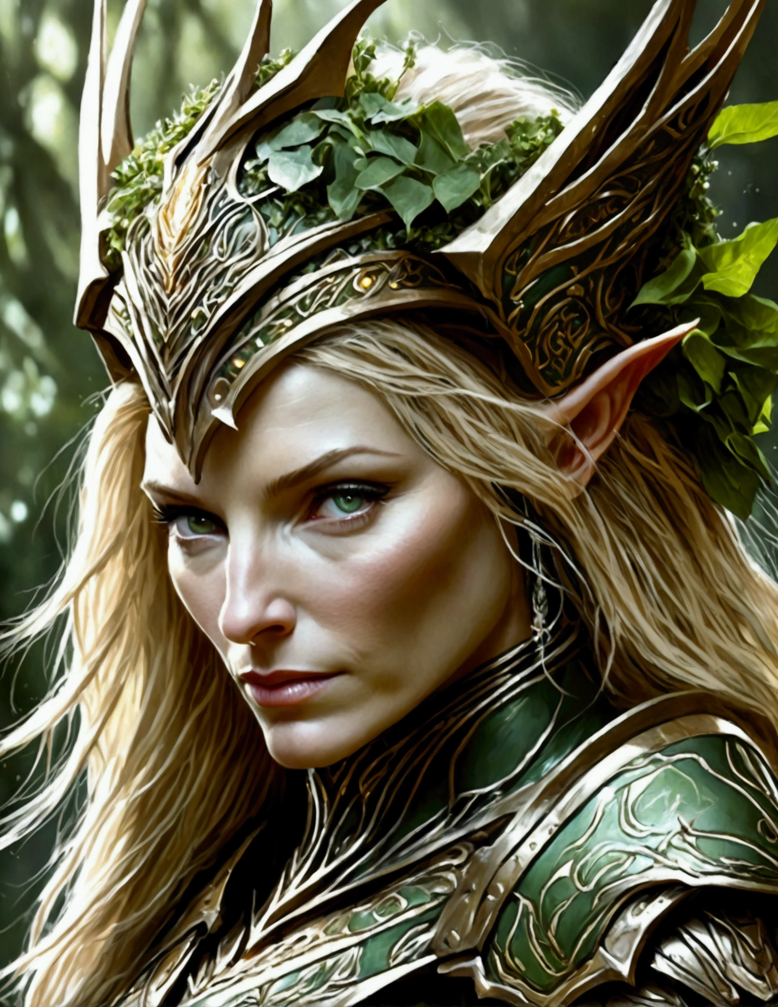Cate Blanchett (elf, sleek sexy battle armor (very revealing), ornate large headpiece, large blades) is an an ruined Aeldari city in warhammer 40k, overgrown with vegetation