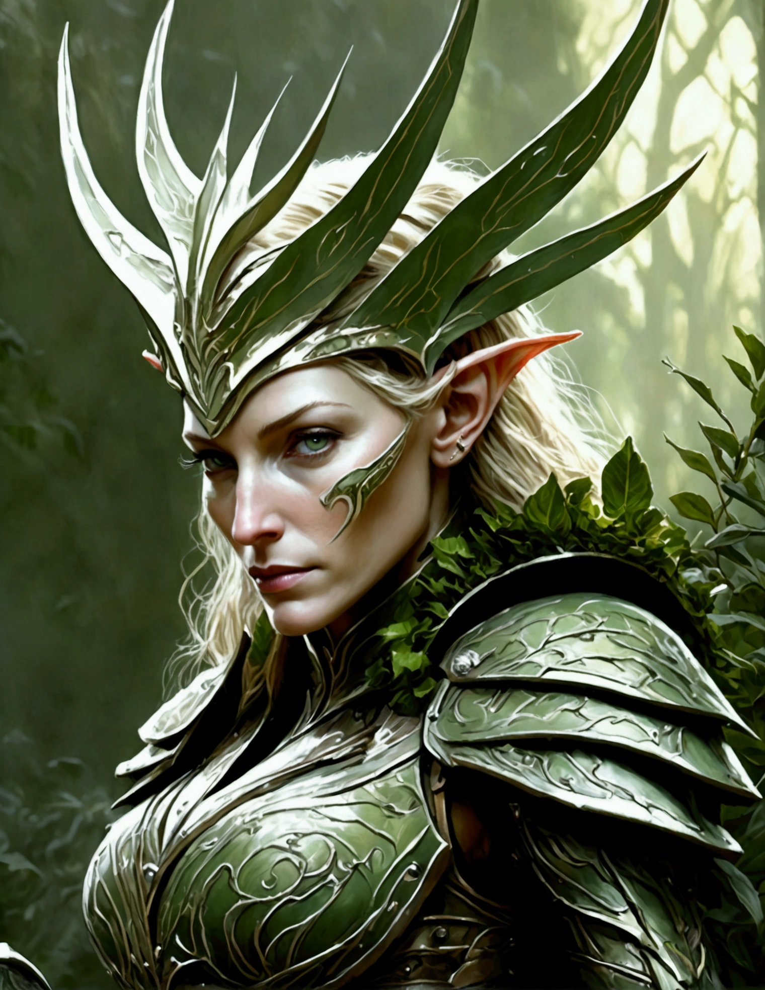 Cate Blanchett (elf, sleek sexy battle armor (very revealing), ornate large headpiece, large blades) is an an ruined Aeldari city in warhammer 40k, overgrown with vegetation